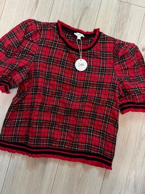 Oddi Red Plaid Puff-Sleeve Blouse